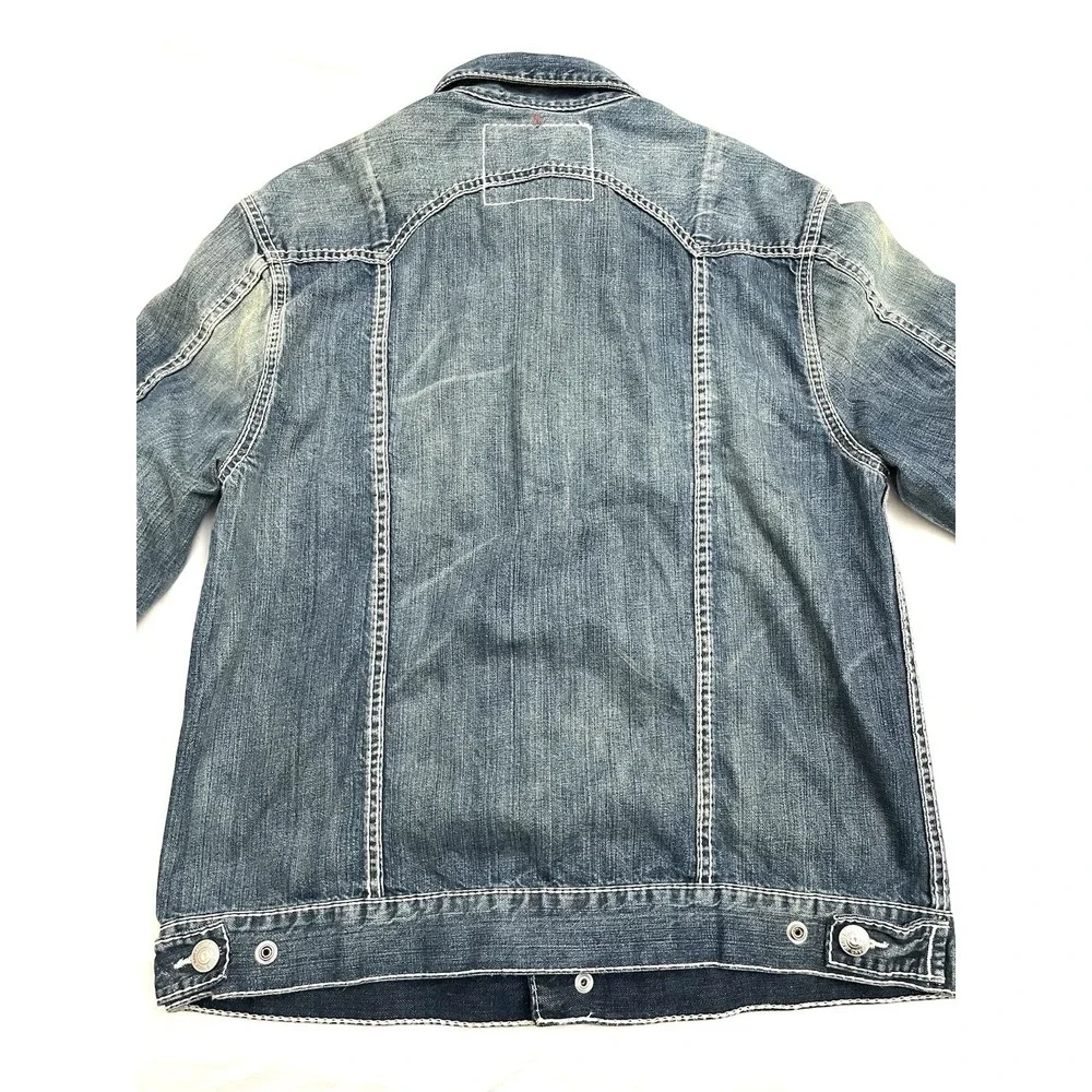 True Religion Jimmy Denim Trucker Jacket L Embroidered Thick Stitch Flap Pockets